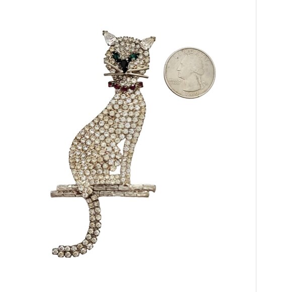 Silver Tone Clear Rhinestone Green Eye Red Collar Cat Brooch K54 - Picture 4 of 8